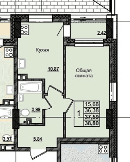 1 комн., 37.6 м²