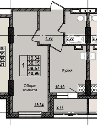 1 комн., 39.6 м²
