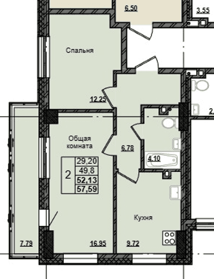 2 комн., 52.1 м²