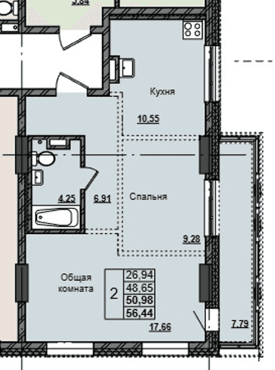 2 комн., 51.0 м²