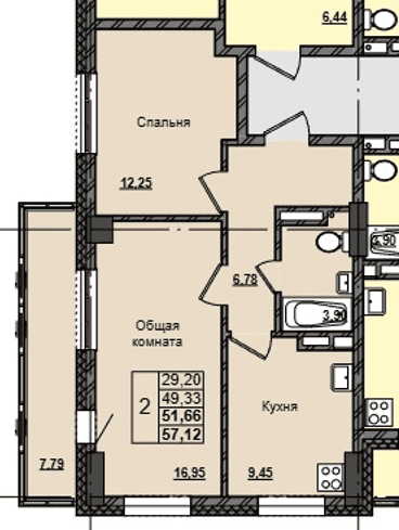 2 комн., 51.7 м²