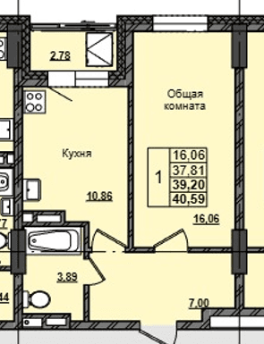1 комн., 39.2 м²