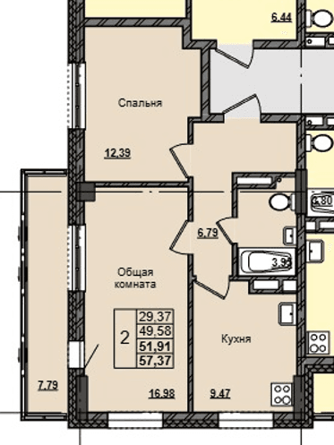 2 комн., 51.9 м²
