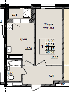 1 комн., 39.0 м²