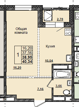 1 комн., 39.0 м²