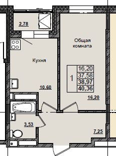 1 комн., 39.0 м²