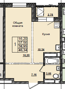 1 комн., 39.0 м²