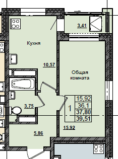 1 комн., 37.8 м²