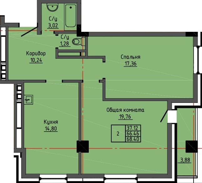 2 комн., 68.4 м²