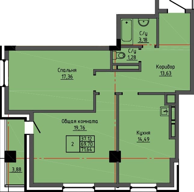 2 комн., 71.6 м²
