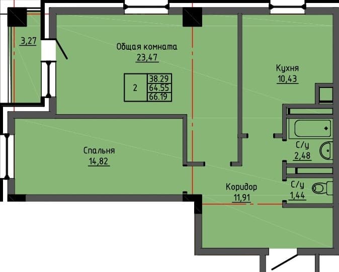 2 комн., 66.2 м²