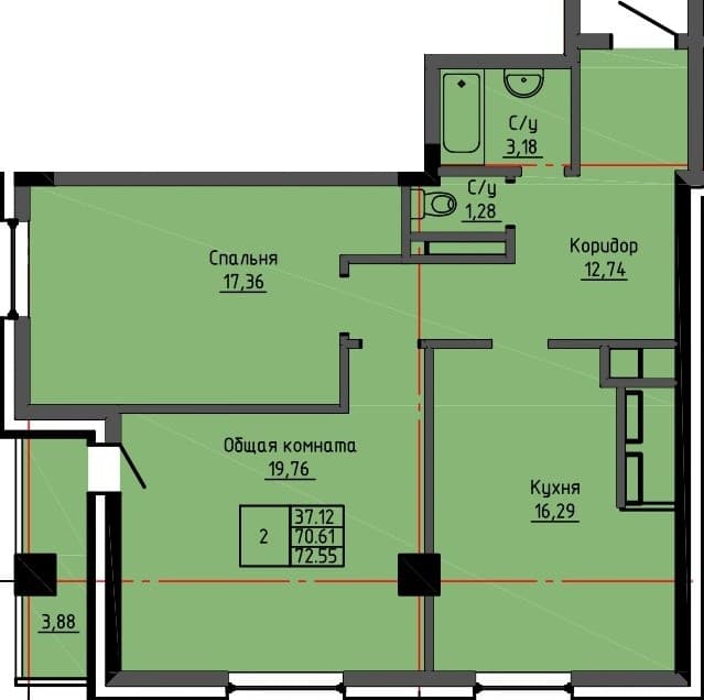 2 комн., 72.5 м²
