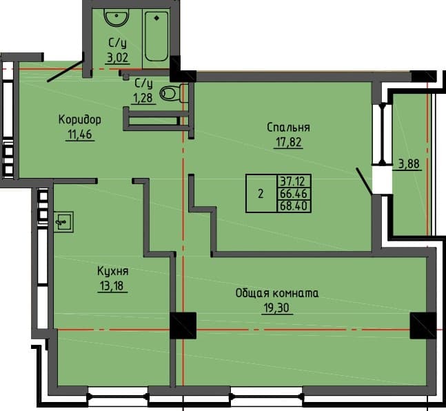 2 комн., 68.4 м²