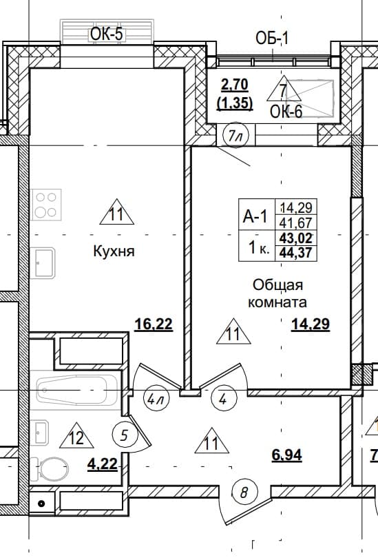 1 комн., 43.0 м²