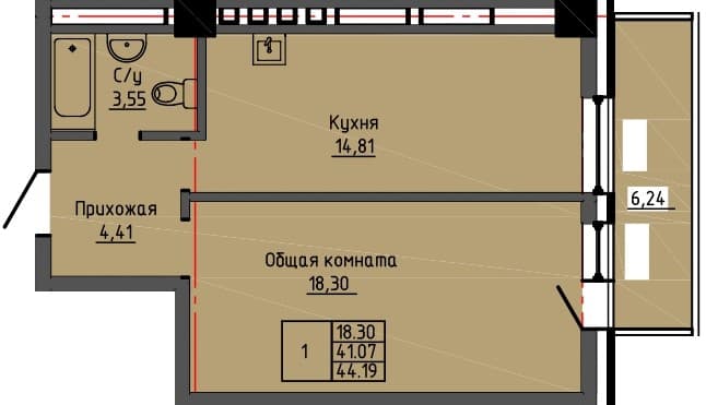 1 комн., 44.2 м²