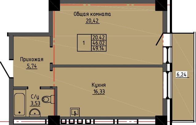 1 комн., 49.1 м²