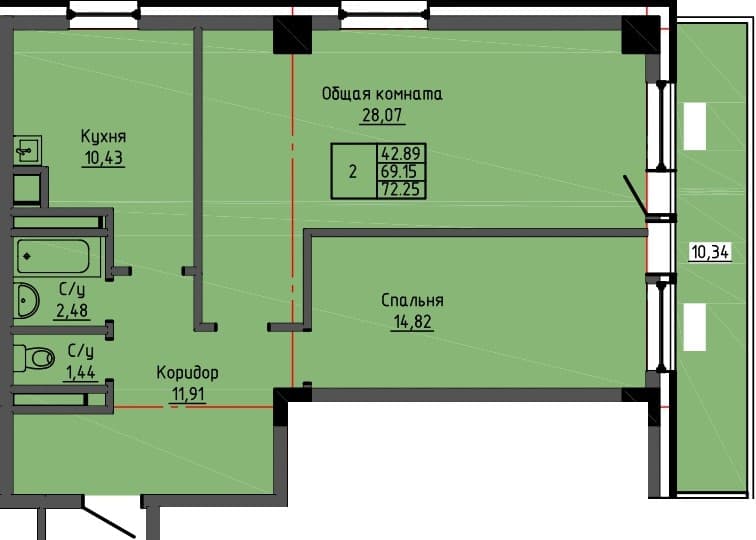 2 комн., 72.3 м²