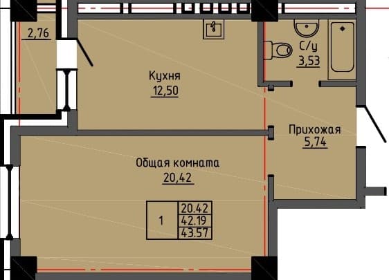 1 комн., 43.6 м²