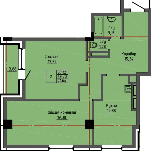 2 комн., 71.6 м²