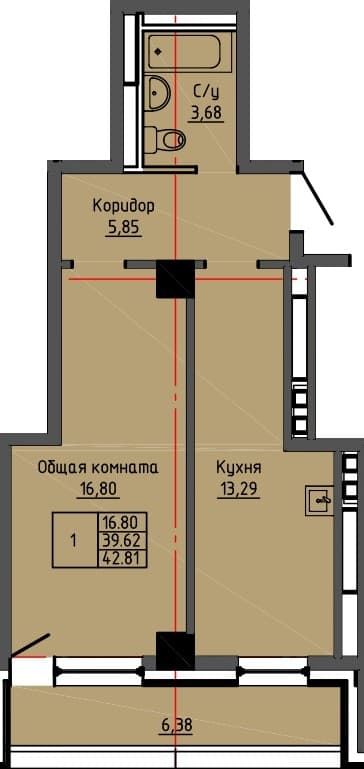 1 комн., 42.8 м²