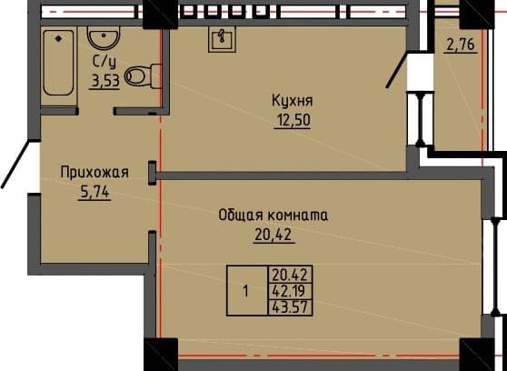 1 комн., 43.6 м²