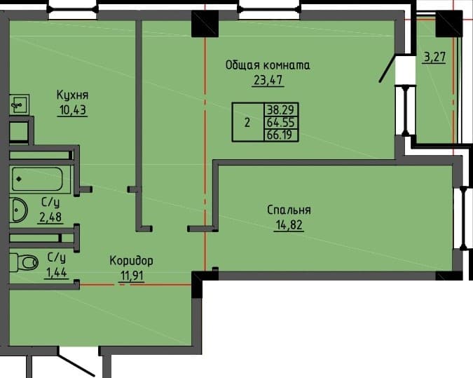 2 комн., 66.2 м²