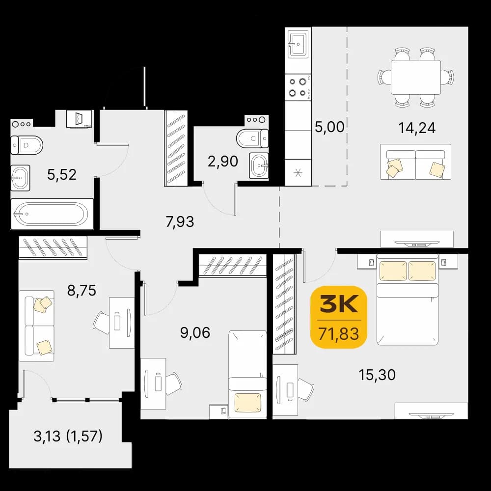3 комн., 68.7 м²