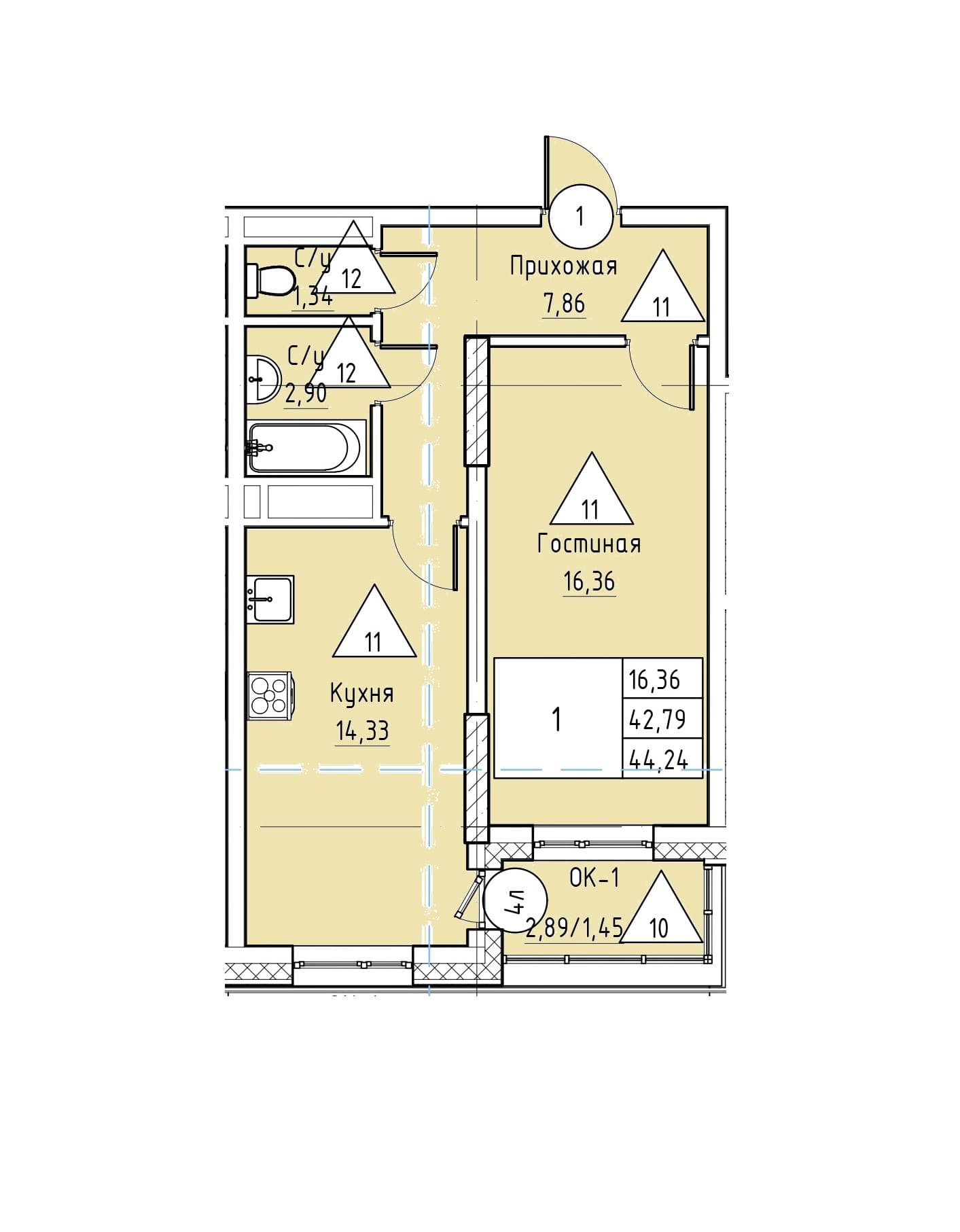 1 комн., 44.2 м²