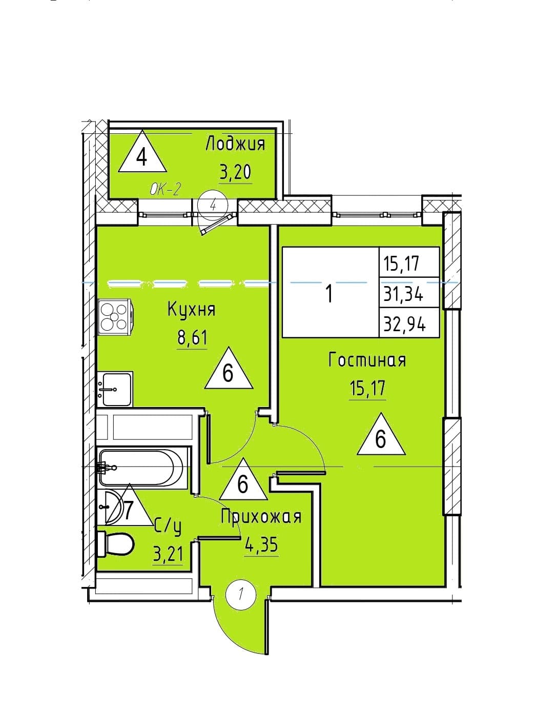 1 комн., 32.9 м²