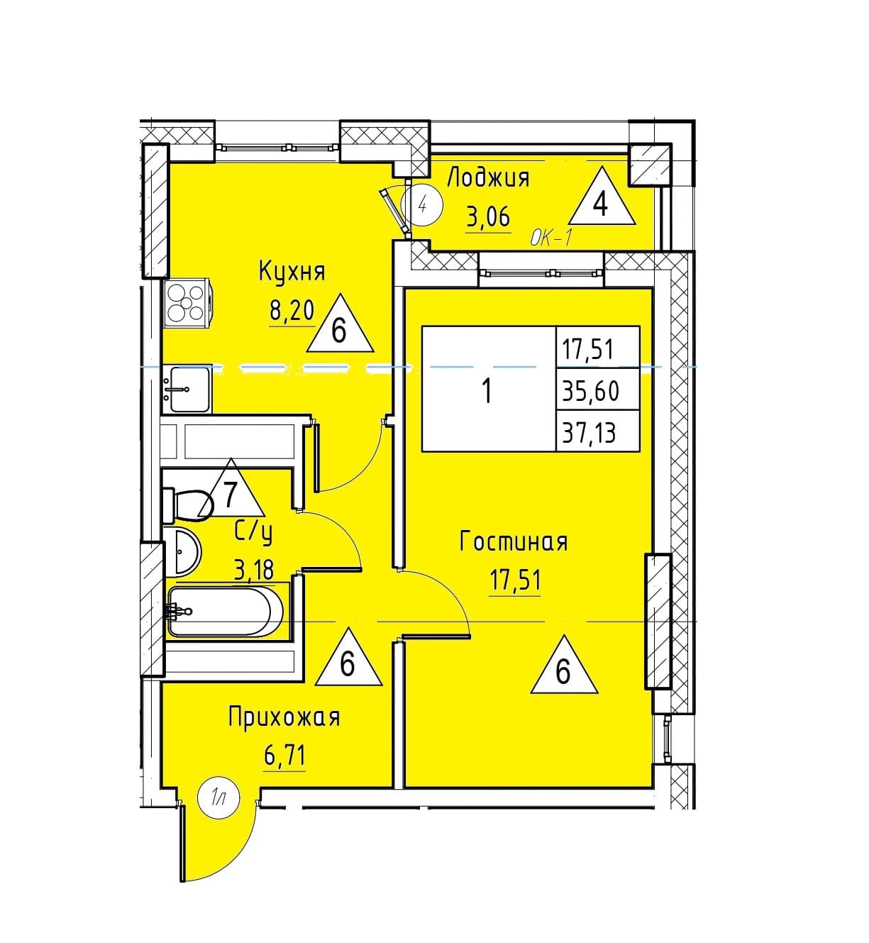 1 комн., 37.1 м²