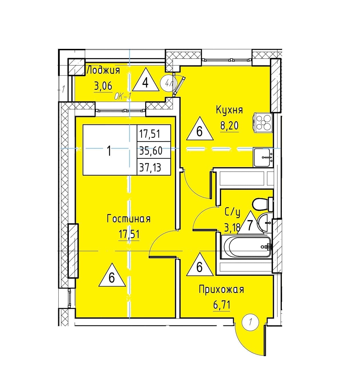 1 комн., 37.1 м²