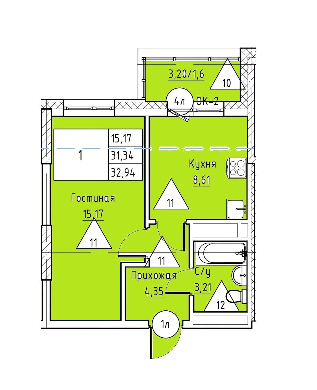 1 комн., 32.9 м²