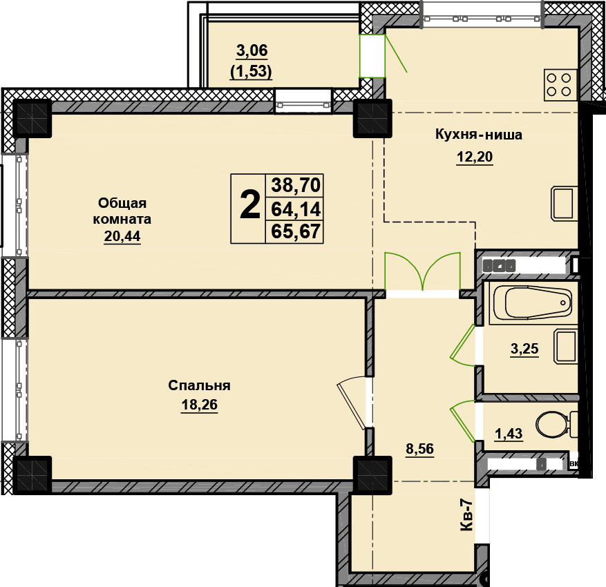 2 комн., 65.7 м²