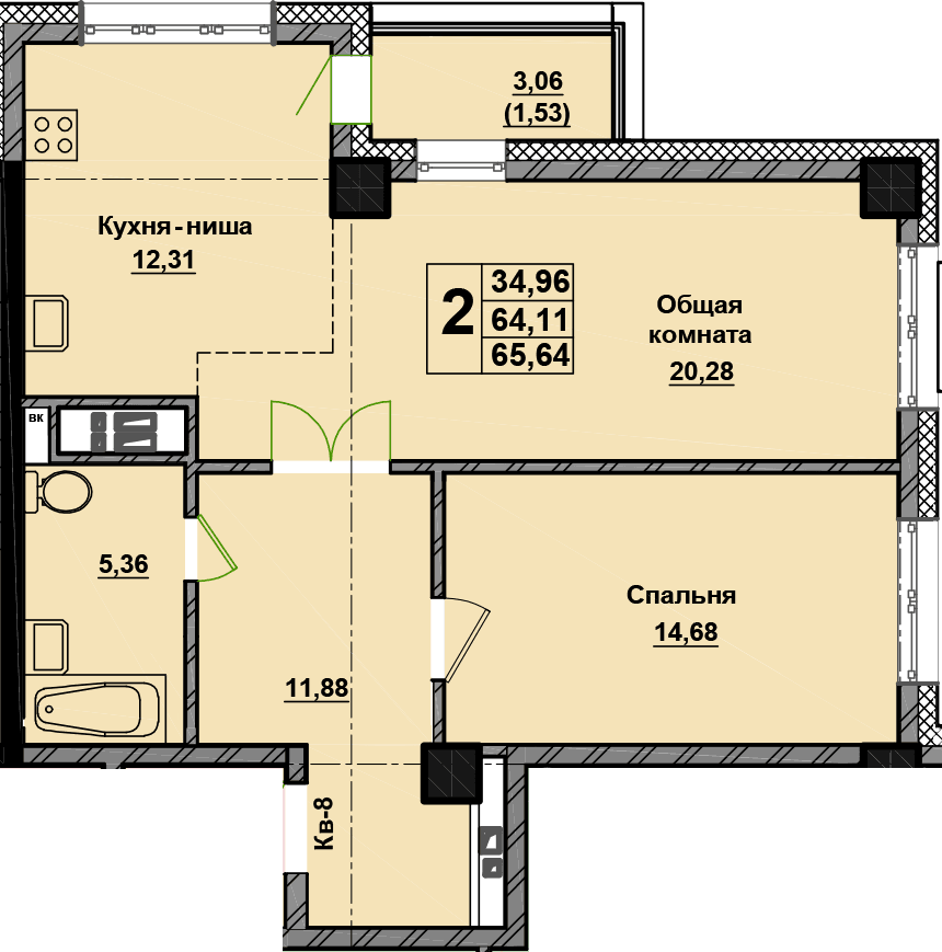 2 комн., 65.6 м²