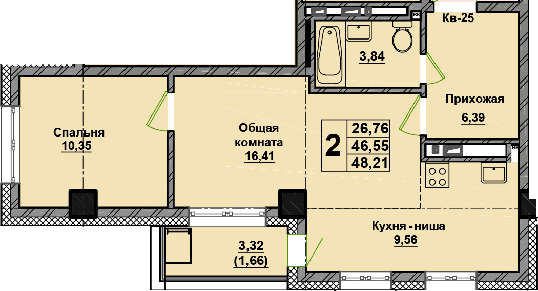 2 комн., 48.2 м²