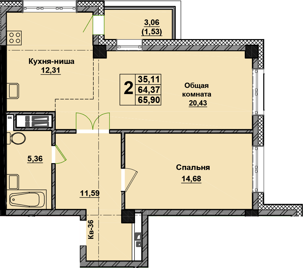 2 комн., 65.9 м²