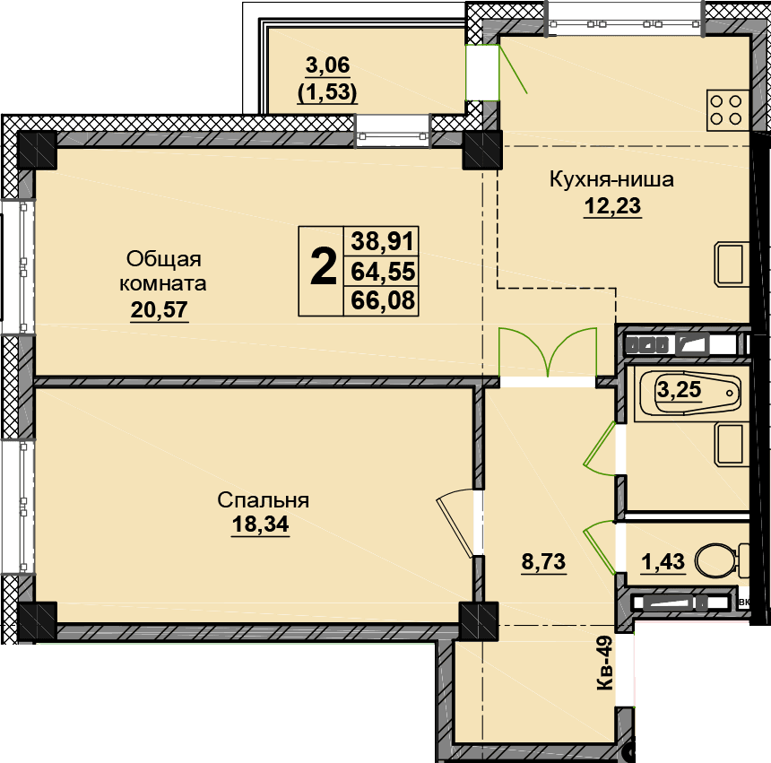 2 комн., 66.1 м²