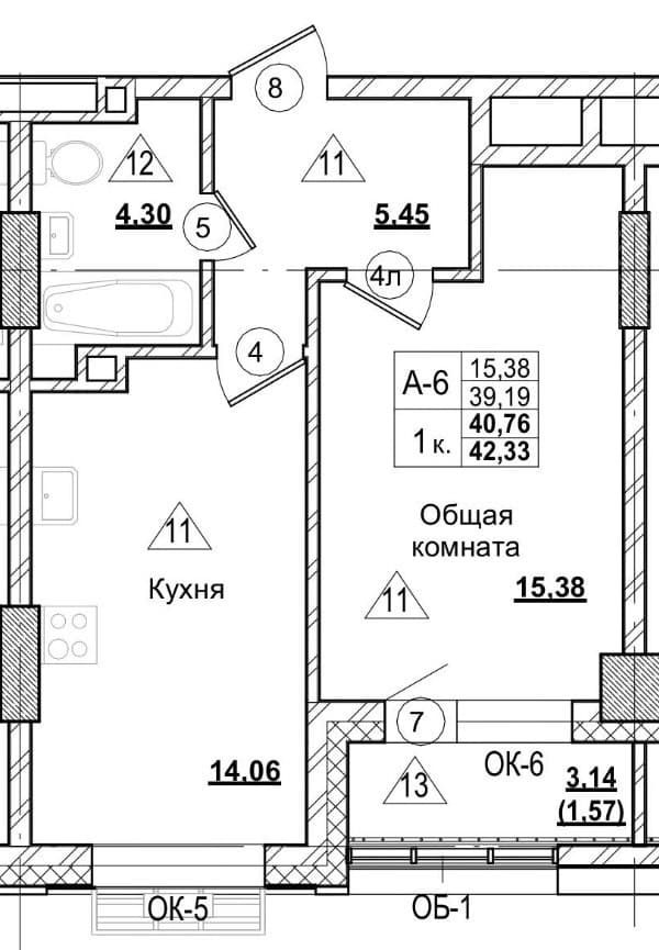 1 комн., 40.8 м²