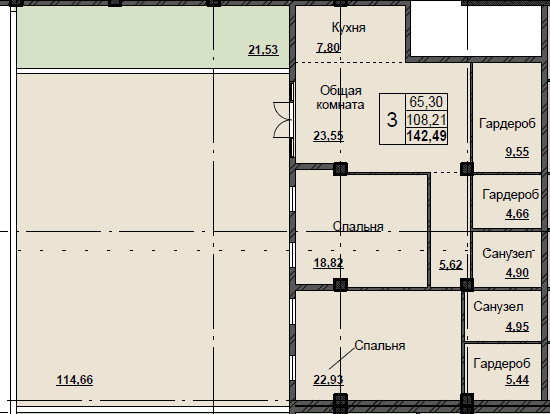 3 комн., 142.5 м²