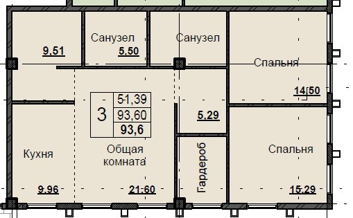 3 комн., 93.6 м²