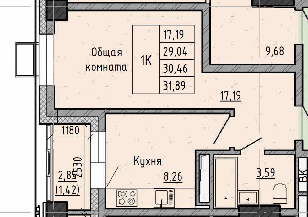 1 комн., 30.5 м²