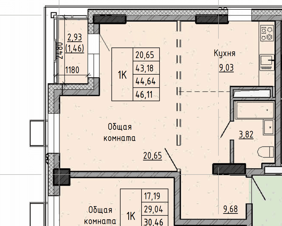 1 комн., 44.6 м²