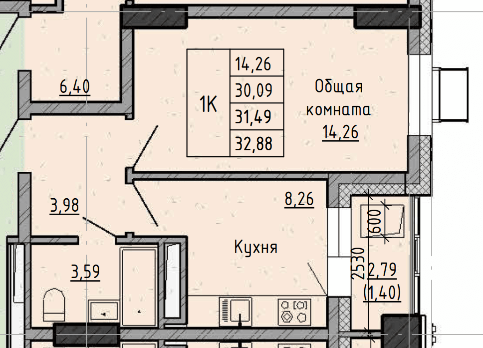 1 комн., 31.5 м²