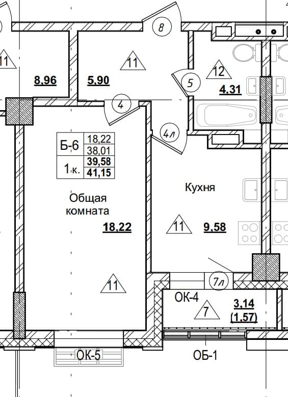 1 комн., 39.6 м²