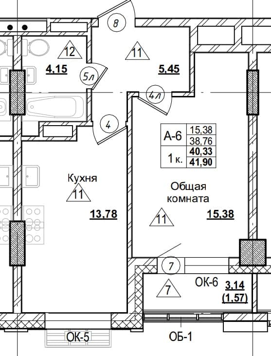 1 комн., 40.3 м²