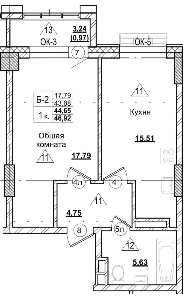 1 комн., 44.6 м²