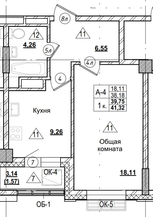 1 комн., 39.8 м²