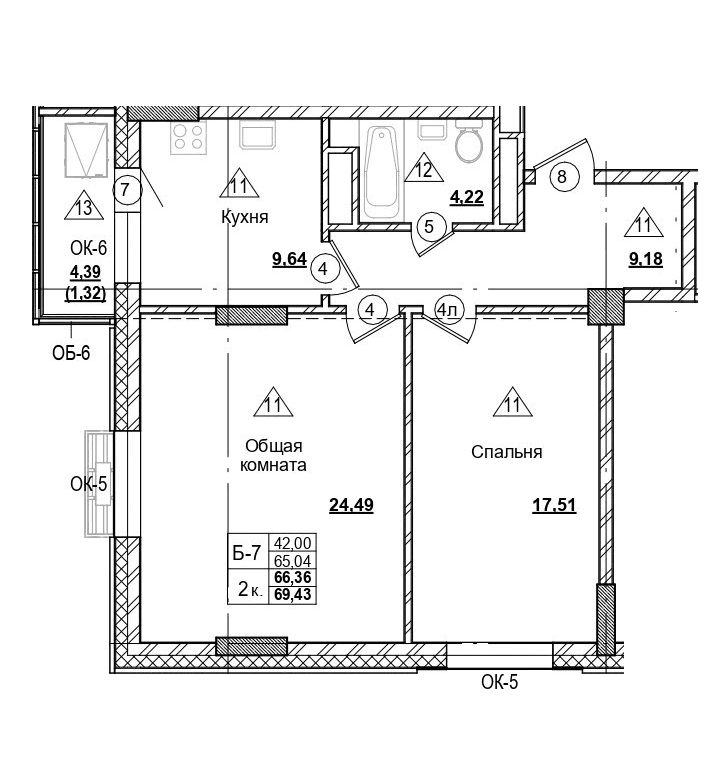 2 комн., 66.4 м²