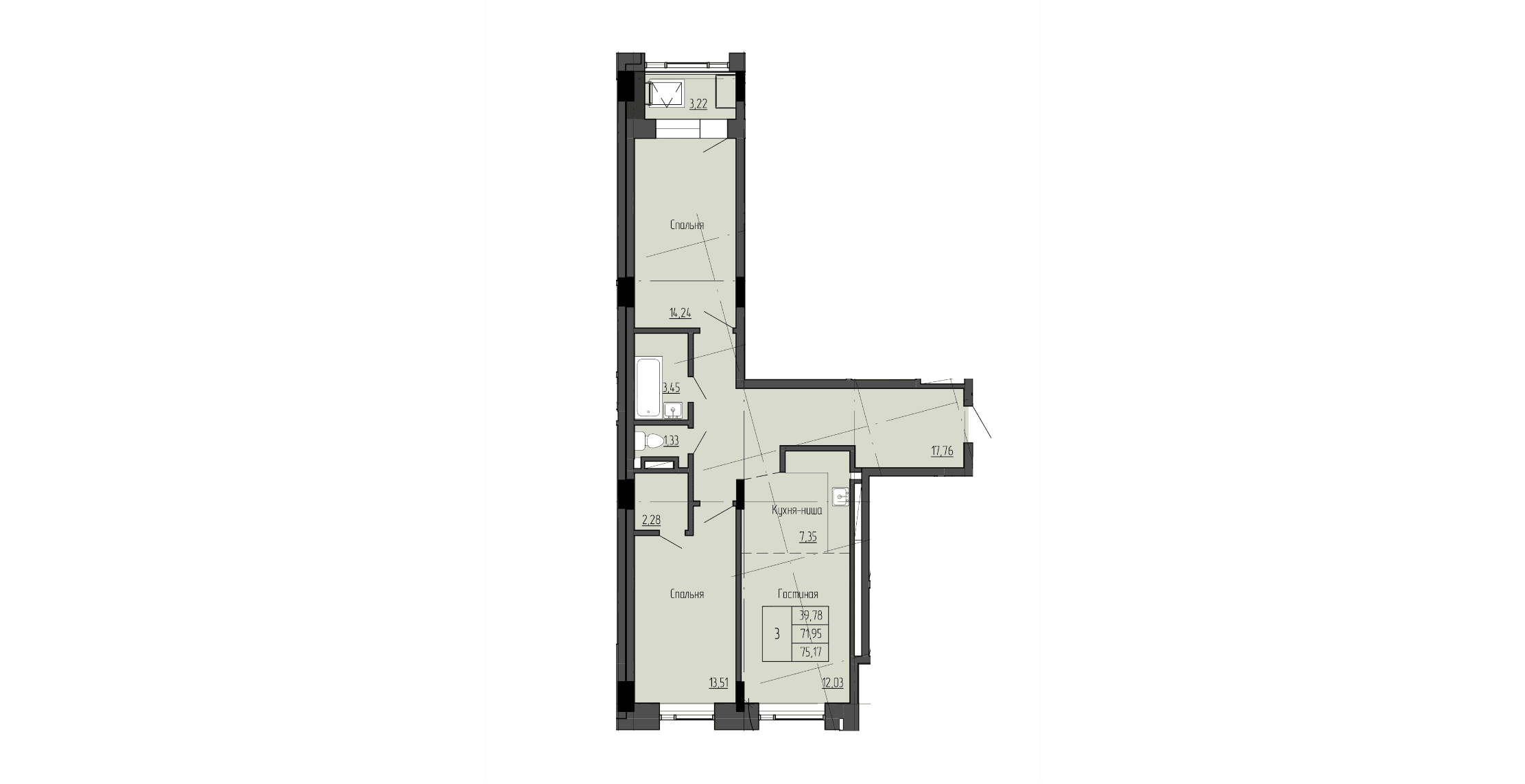 3 комн., 77.5 м²