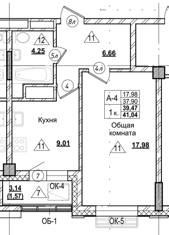 1 комн., 39.5 м²